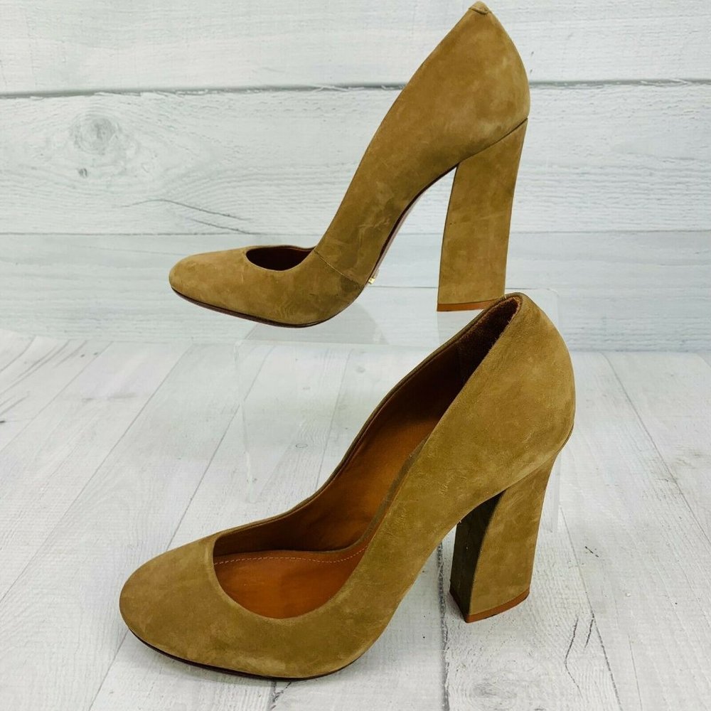 Schultz Women Closed Toe Leather Sole Tan Suede Upper Slip On Heels Size 8 B